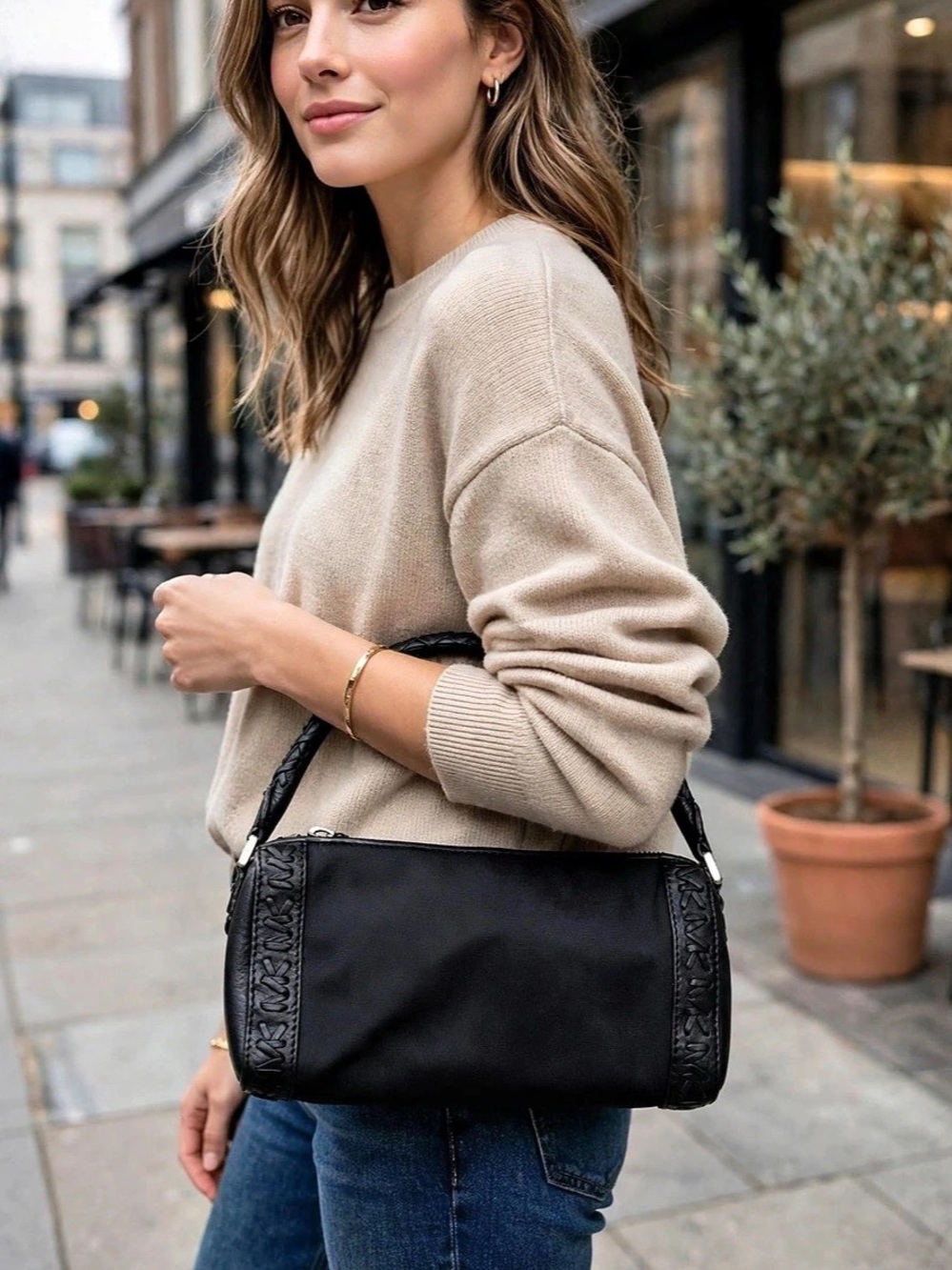 Michael Kors Barrel Bag Black Canvas Woven Leather MK Baguette Shoulder Bag
